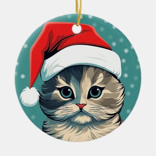 Green Eyed Christmas Kitten in a Santa Hat Ceramic Ornament