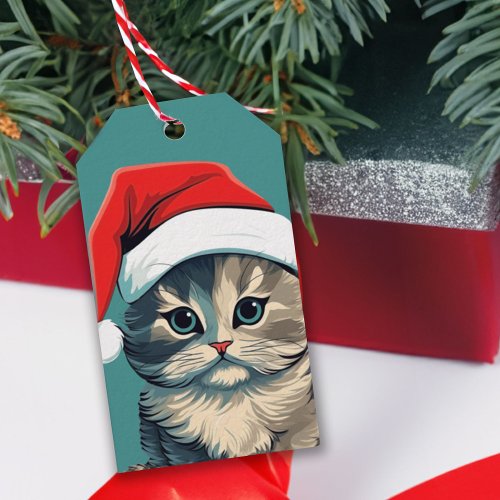 Green Eyed Christmas Kitten in a Santa Hat Gift Tags