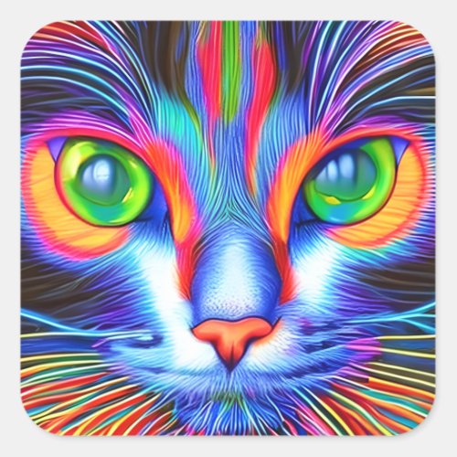 Green Eyed Colorful Ai Generated Cat Square Sticker