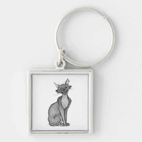 Green Eyed Creepy Cat Keychain