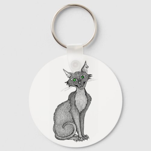 Green Eyed Creepy Cat Keychain