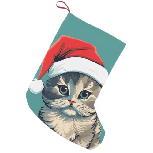 Green Eyed Fluffy Kitty Cat Small Christmas Stocking