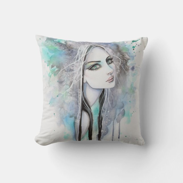 Green Eyed Ghost Abstract Fantasy Art Portrait Throw Pillow (Front)