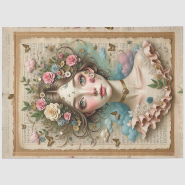 Green-Eyed Girl with Flowers & Butterflies Tissue Paper (Front)