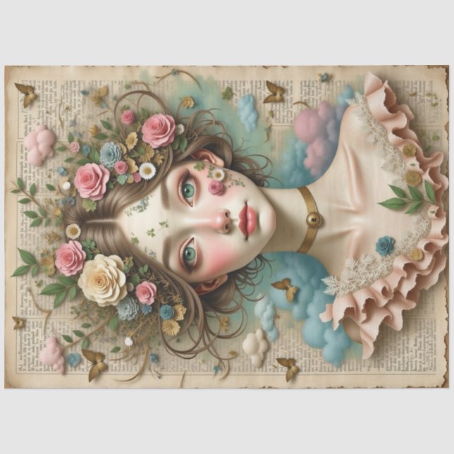 Green-Eyed Girl with Flowers & Butterflies Tissue Paper (Front)