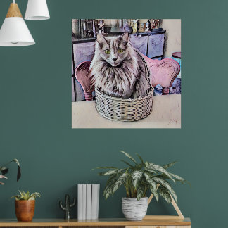 Green-Eyed Gray Cat In Basket Poster
