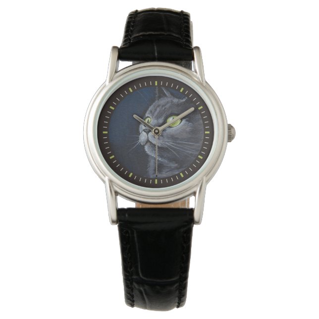 Green Eyed Gray Cat Painting Watch (Front)