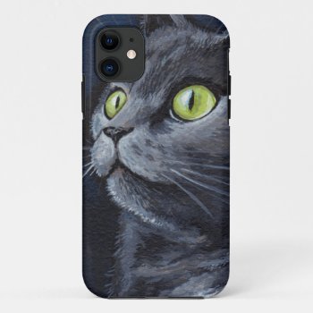 Green Eyed Grey Cat Painting Iphone 11 Case by LisaMarieArt at Zazzle