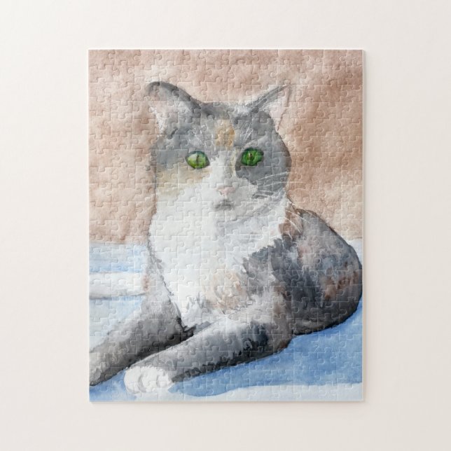 Green Eyed, Grey, White, and Brown Cat Watercolor Jigsaw Puzzle (Vertical)