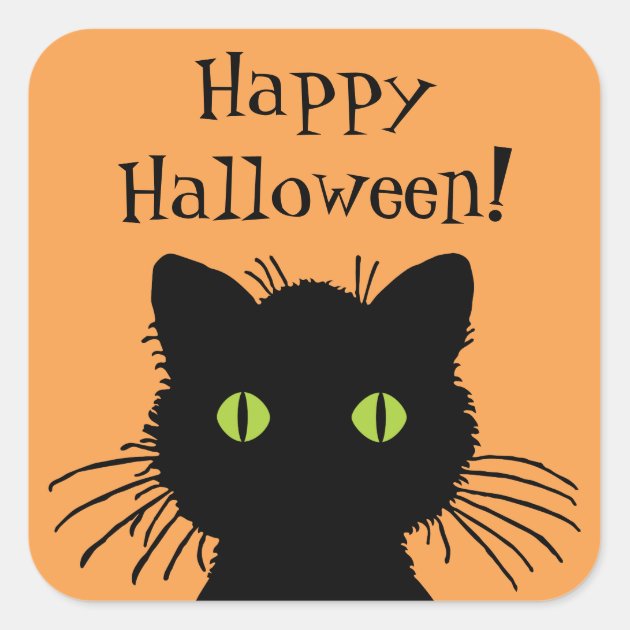 Green Eyed Halloween Black Cat Design Square Sticker