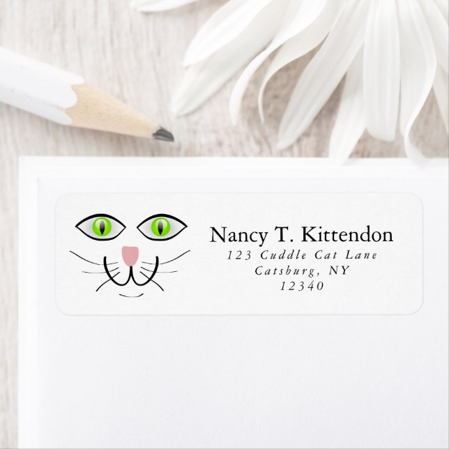 Green Eyed Happy Cat Face Drawing with Whiskers Label (Insitu)
