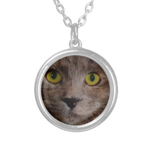 Green Eyed Kitten Face Oil Paint, Silver Plated Necklace