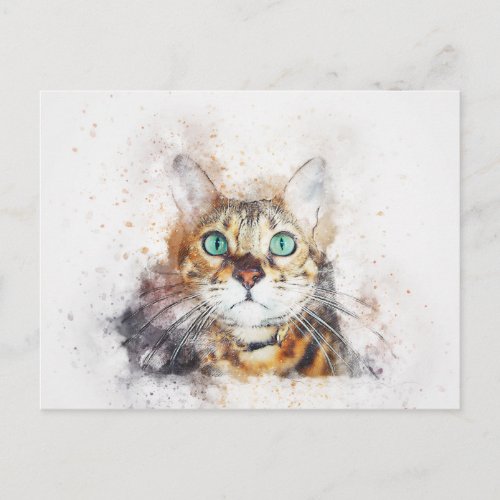 Green Eyed Kitty Portrait  Abstract  Watercolor Postcard