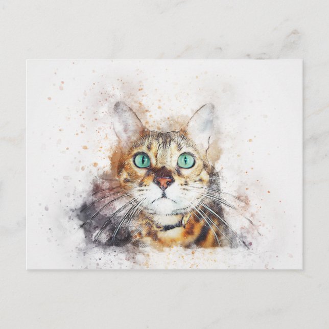 Green Eyed Kitty Portrait | Abstract | Watercolor Postcard (Front)