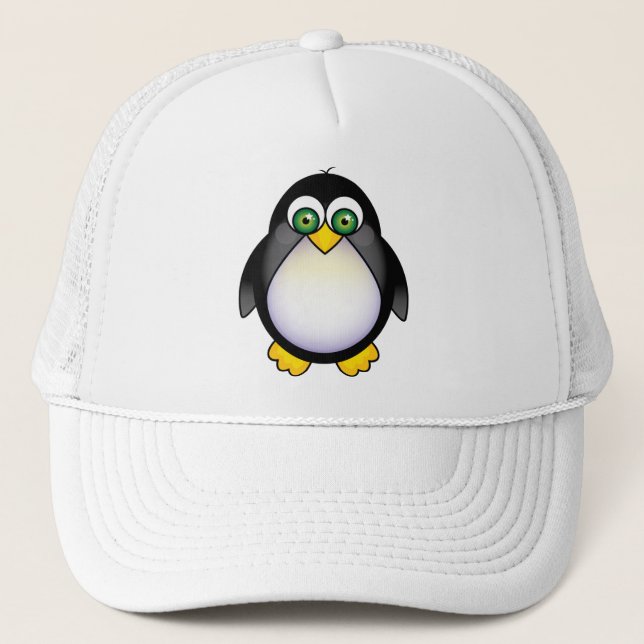 Green Eyed Penguin Cartoon Trucker Hat (Front)