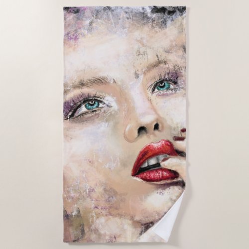Green Eyed Pretty Woman Abstract Original Painting Beach Towel