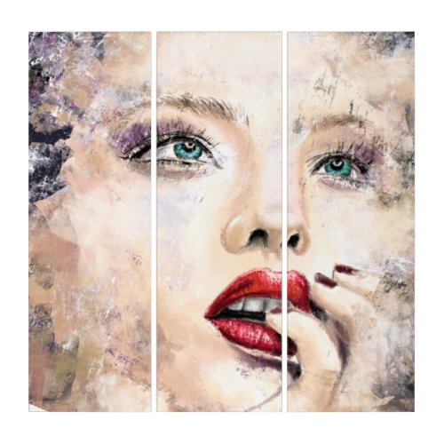Green Eyed Pretty Woman Abstract Original Painting Triptych
