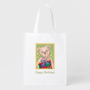 Green-eyed Teddie Bear Reusable Fold&Snap Birthday Grocery Bag