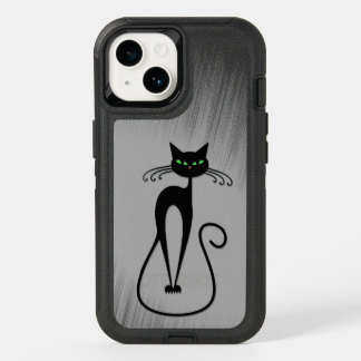 Green Eyed Whimsical Skinny Black Cat OtterBox iPhone 14 Case
