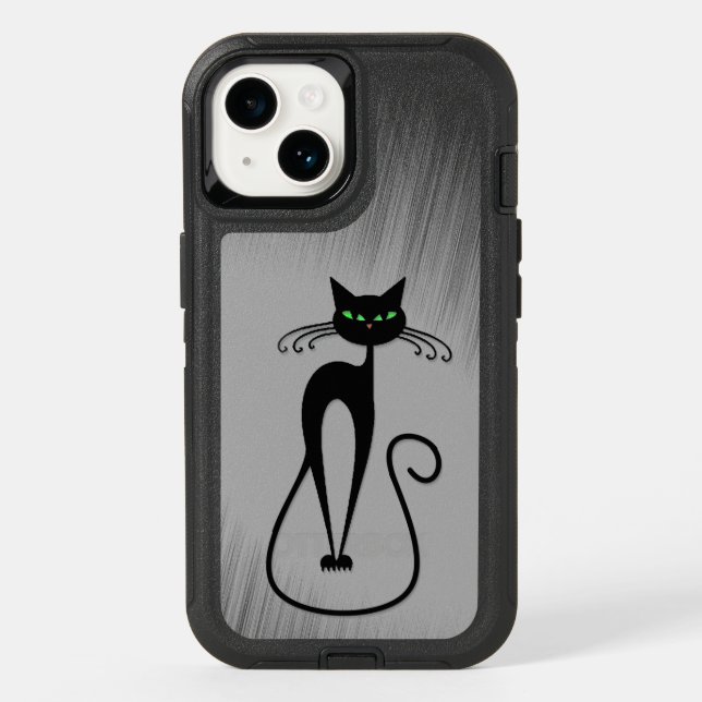 Green Eyed Whimsical Skinny Black Cat  Otterbox iPhone Case (Back)