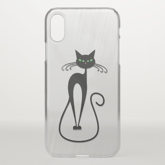 Green Eyed Whimsical Skinny Black Cat Uncommon iPhone Case (Back)