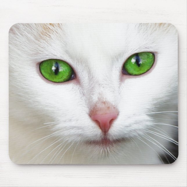 Green Eyed White Cat Mouse Pad (Front)
