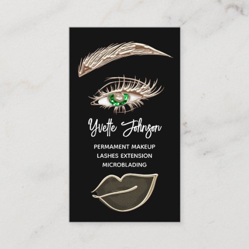  Green Eyelash Brows Makeup Logo QRCode Gold Black Business Card