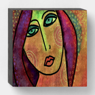 Green Eyes Abstract Digital Painting of a Woman Wooden Box Sign