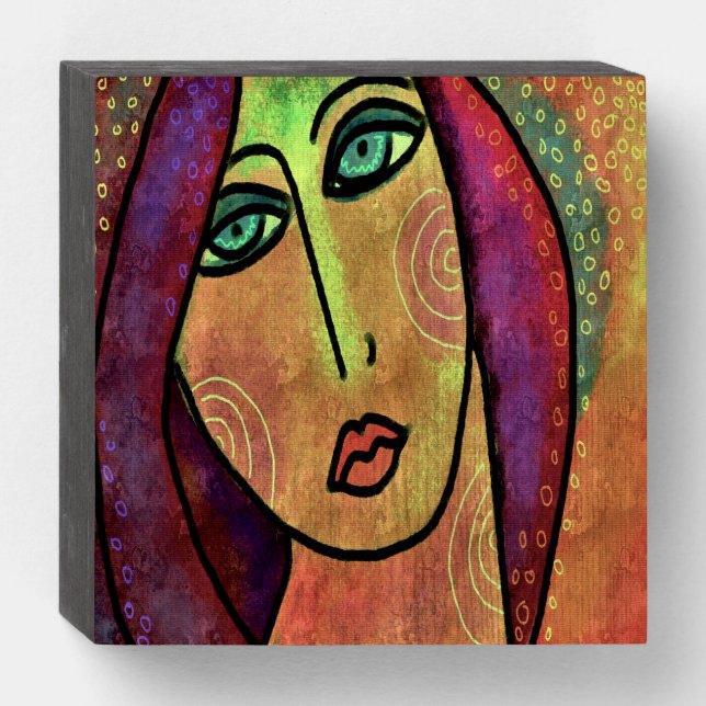 Green Eyes Abstract Digital Painting of a Woman Wooden Box Sign (Front Horizontal)