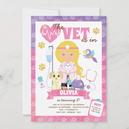 Green Eyes Blonde Girl Vet Birthday Party Invitation