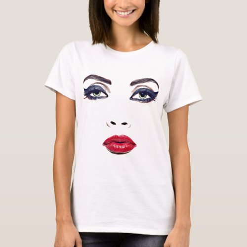 Green Eyes Red Lips Woman Face Original Makeup Art T_Shirt