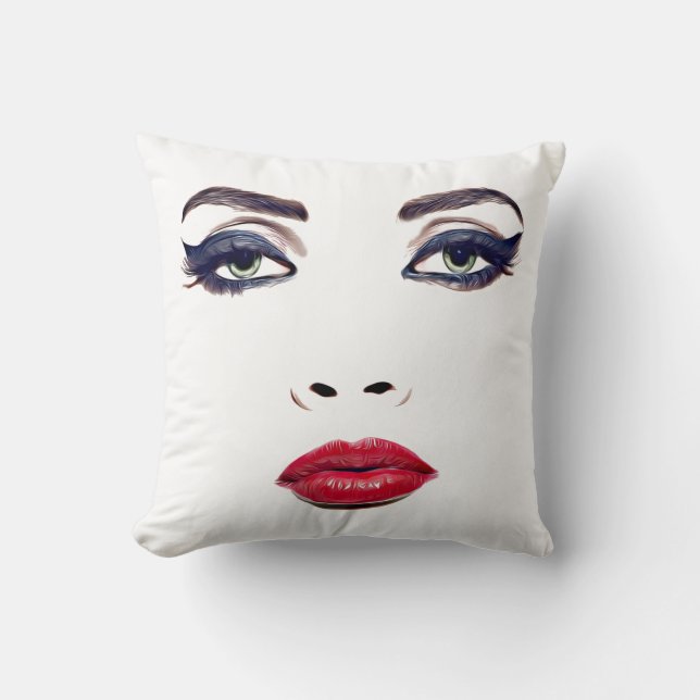 Green Eyes Red Lips Woman Face Original Makeup Art Throw Pillow (Front)