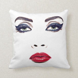 Green Eyes Red Lips Woman Face Original Makeup Art Throw Pillow