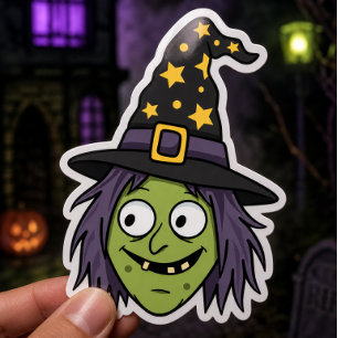 Green Face Witch With Star Hat And Purple Hair Sticker