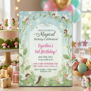 Green Fairies Forest Fireflies 3rd Birthday Party Invitation