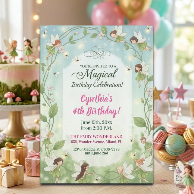 Green Fairies Forest Fireflies 4th Birthday Party Invitation (Creator Uploaded)