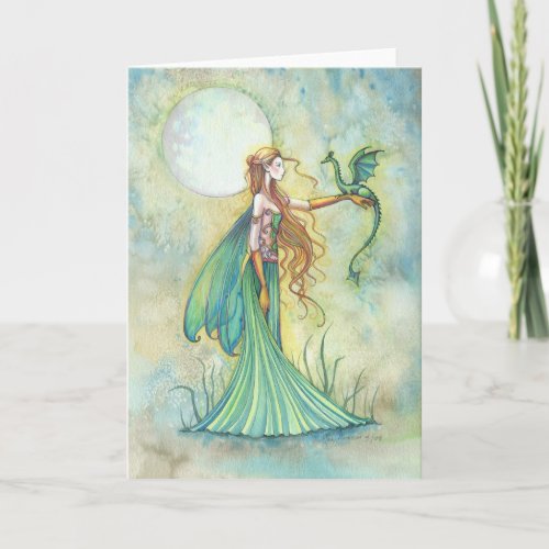 Green Fairy and Dragon Fantasy Art Card