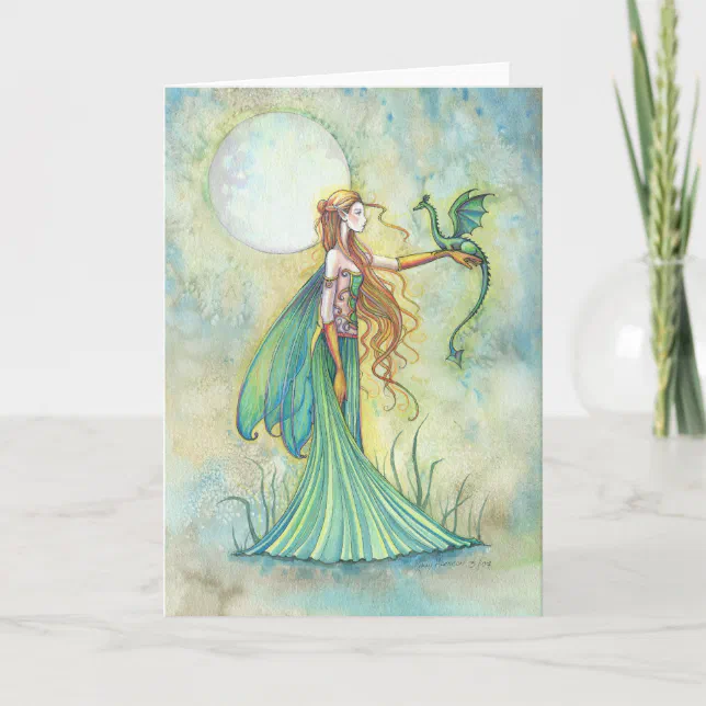 Green Fairy and Dragon Fantasy Art Card | Zazzle