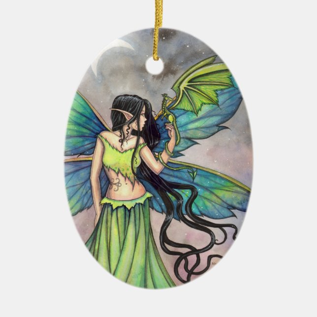 Green Fairy and Dragon Fantasy Art Ceramic Ornament (Front)