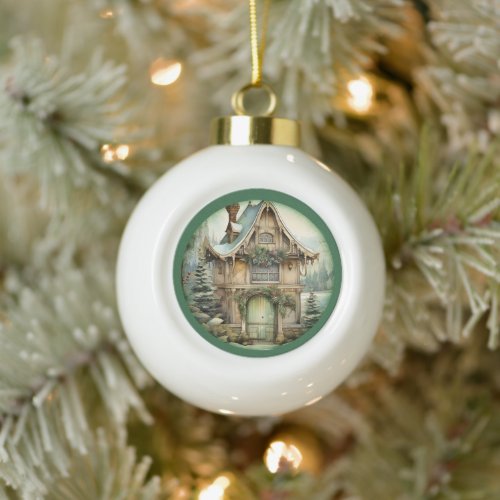 Green Fairy and Elf House Winter Wonderland Ceramic Ball Christmas Ornament