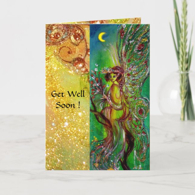 GREEN FAIRY AND GOLD FLORAL SPARKLES Get Well Soon Card (Front)