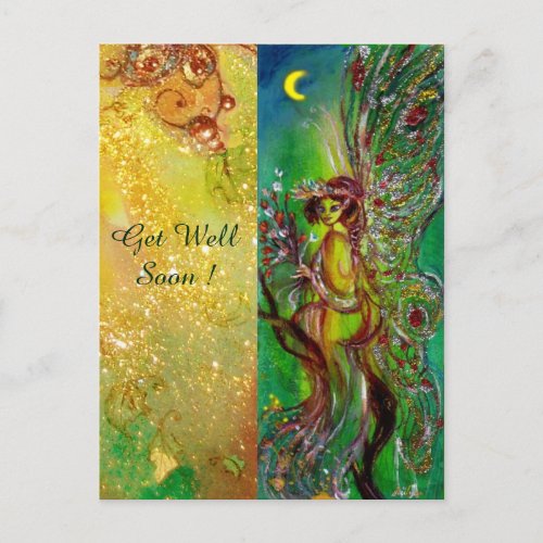 GREEN FAIRY AND GOLD FLORAL SPARKLES Get Well Soon Postcard