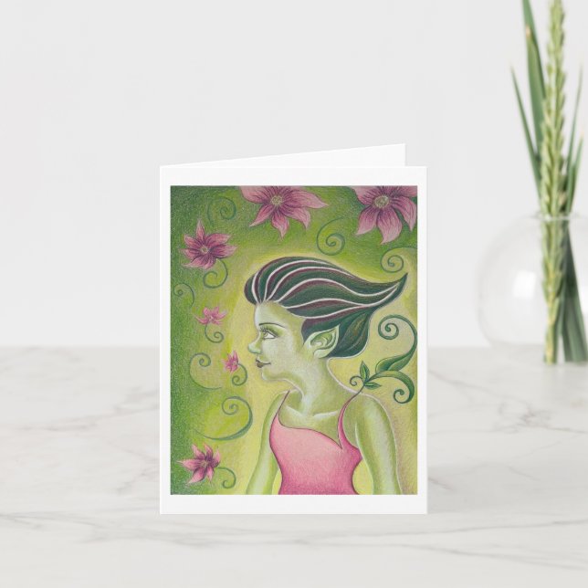 Green Fairy and Pink Flowers greeting card (Front)