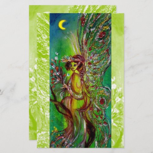 GREEN FAIRY HOLDING FLOWERS IN MOONLIGHT Fantasy Stationery