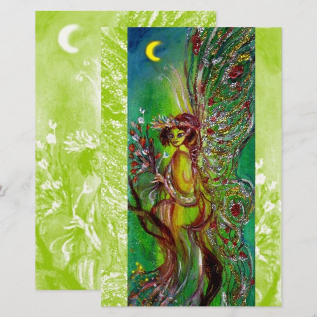 GREEN FAIRY HOLDING FLOWERS IN MOONLIGHT Fantasy Stationery (Front/Back)