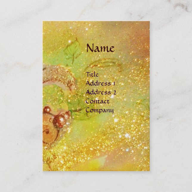 GREEN FAIRY WITH GOLD FLORAL SPARKLES IN MOONLIGHT BUSINESS CARD (Front)