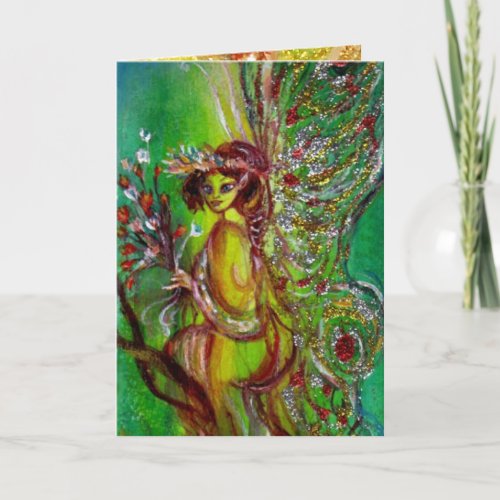 GREEN FAIRY WITH GOLD FLORAL SPARKLES IN MOONLIGHT HOLIDAY CARD