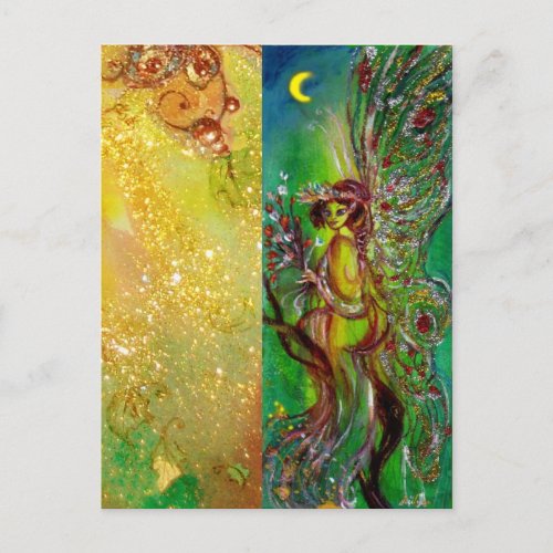 GREEN FAIRY WITH GOLD FLORAL SPARKLES IN MOONLIGHT POSTCARD