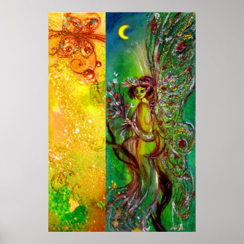 GREEN FAIRY WITH GOLD FLORAL SPARKLES IN MOONLIGHT POSTER