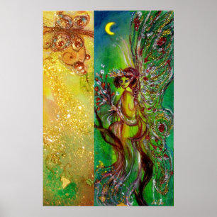 GREEN FAIRY WITH GOLD FLORAL SPARKLES IN MOONLIGHT POSTER